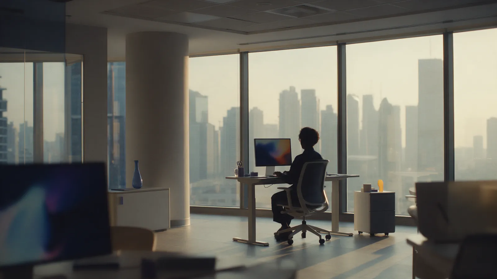 A person working in a Dubai office at golden hour, the city skyline through the windows