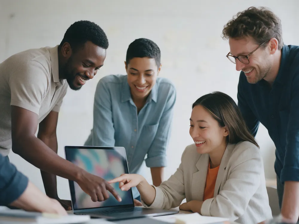 Four agency colleagues gathered around a laptop, smiling at a result