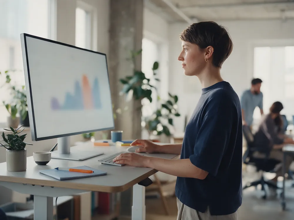 An in-house marketer at a standing desk in a bright startup office, reviewing charts